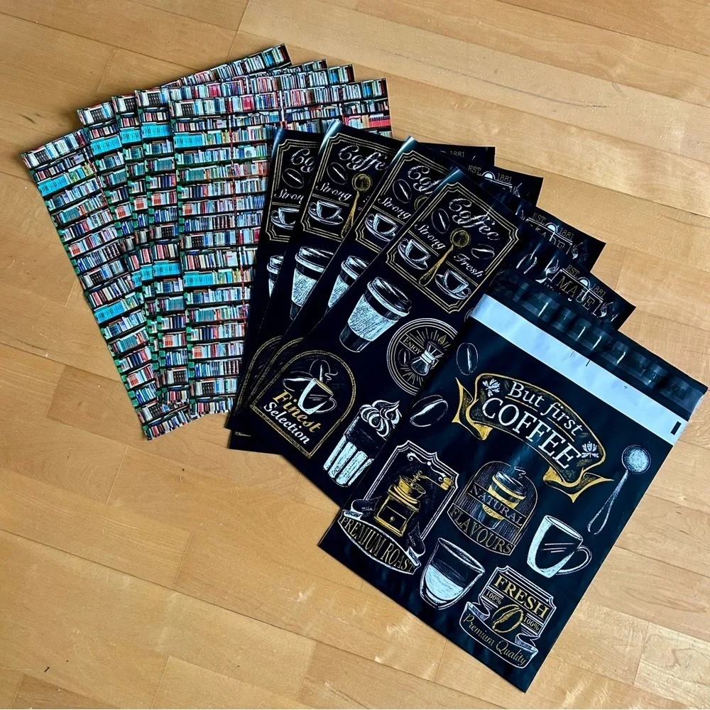 10 Count - Variety Bundle of 10 x 13 Polymailers (BOOKS + BUT FIRST, COFFEE)